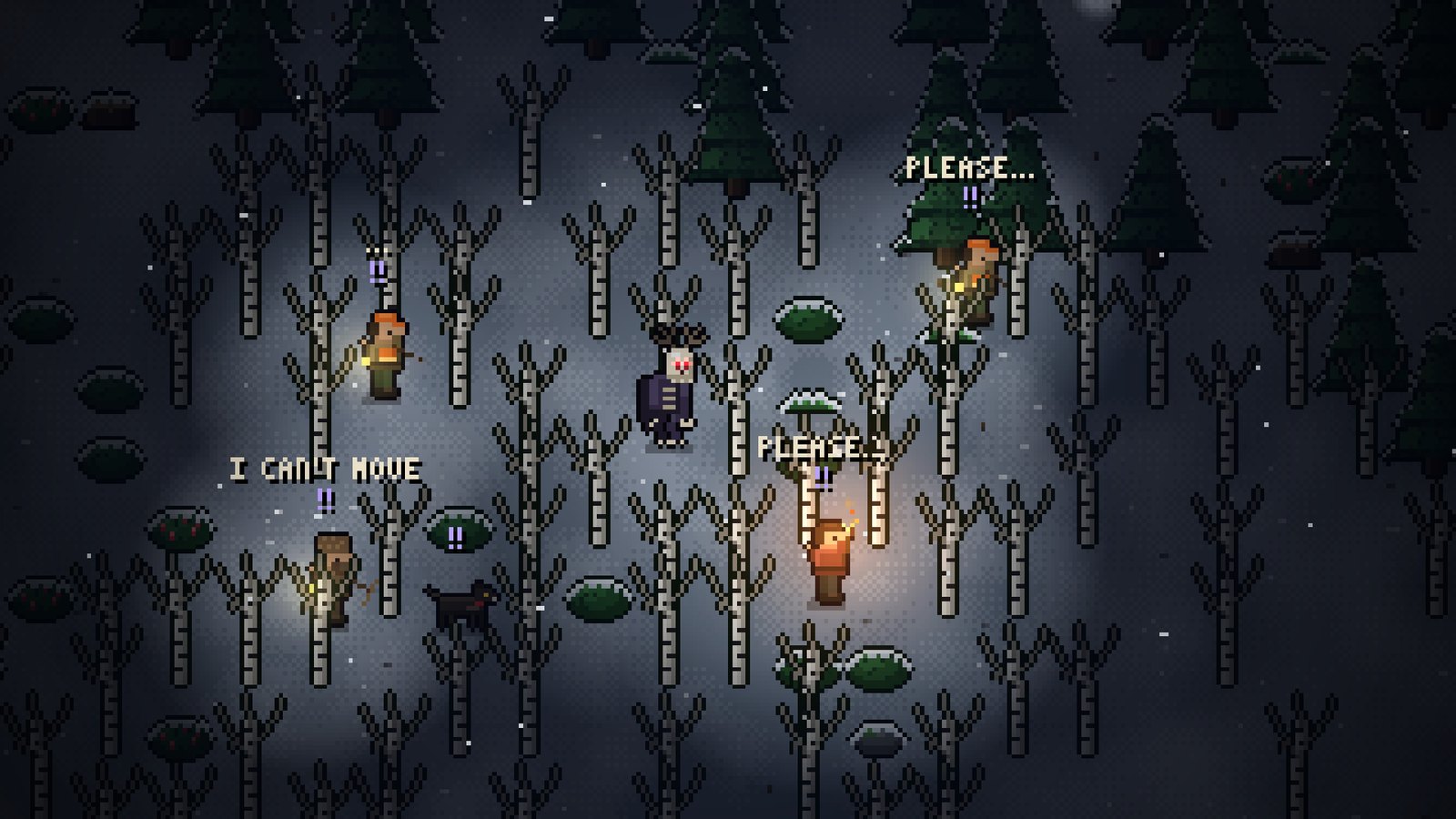 A winter hunting party frozen in fear