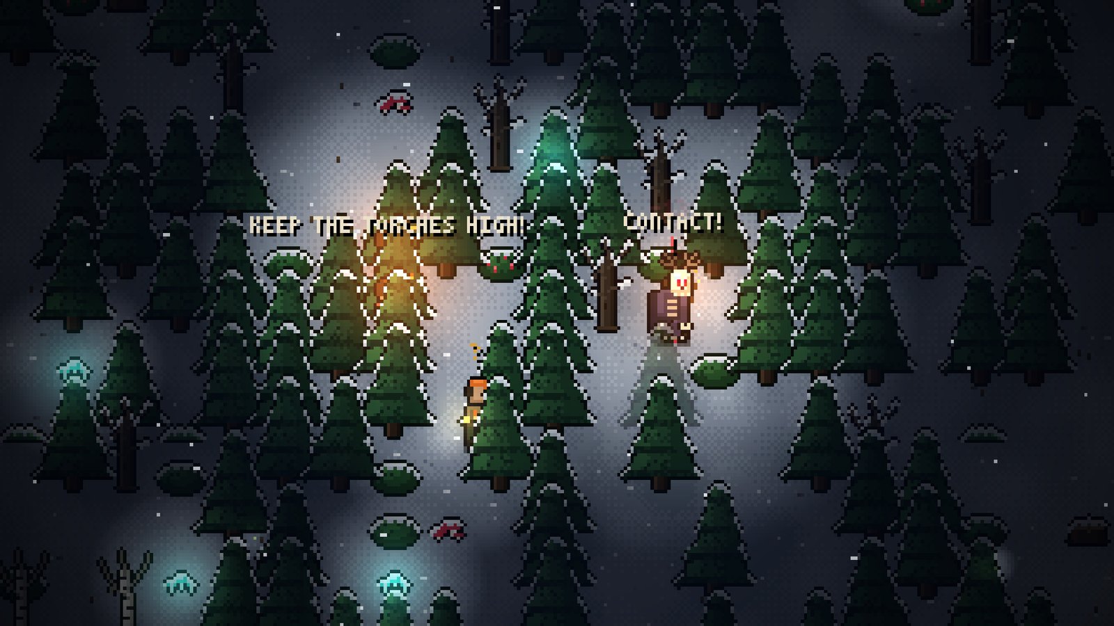 Torchbearers search a snowy forest at night