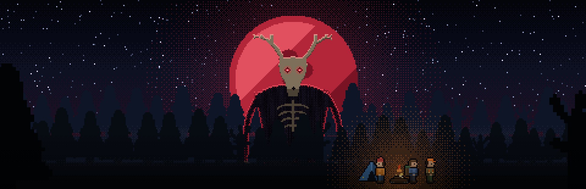 A skull-faced forest monster with antlers rises before a blood-red moon above a dark pine forest