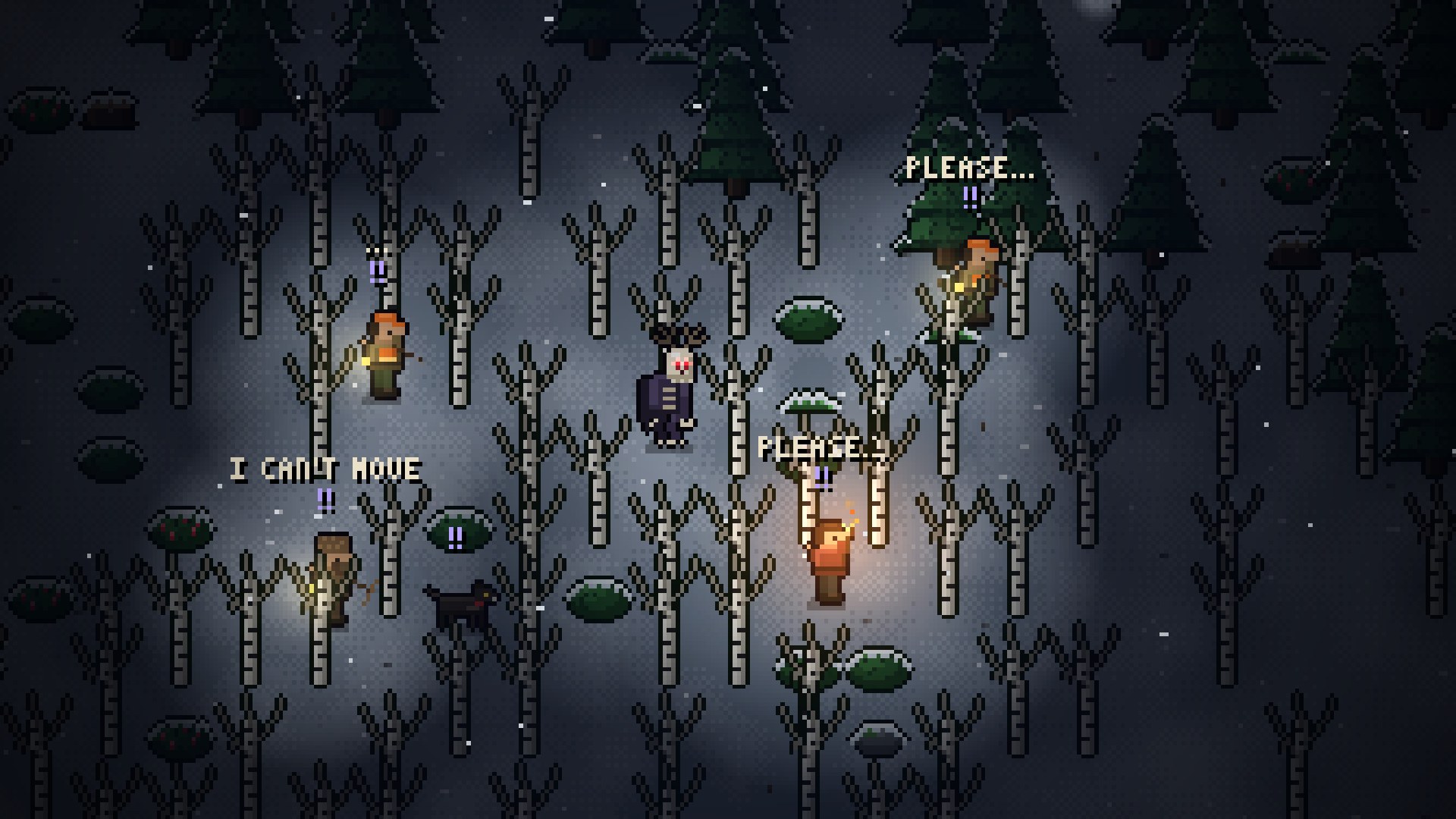 A winter hunting party frozen in fear around the monster